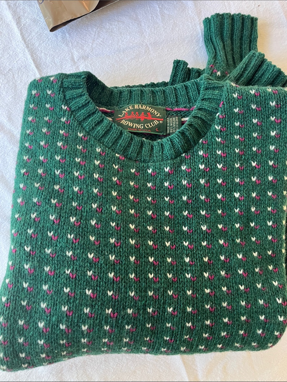 Lake Harmony Crew Neck Sweater Birdseye Sz Large Green Wool Blend Ll bean like